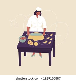 Woman cooks meat pies. Rolling pin, dough, minced meat. Cooking process. Preparing food. Vector illustration. Poster, print, sticker, card design. Isolated character. Food blogging in social media.