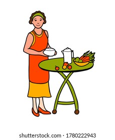The woman cooks and sets the table. The Happy Housewife. Grandmother. Minimalistic style. Isolated on a white background.