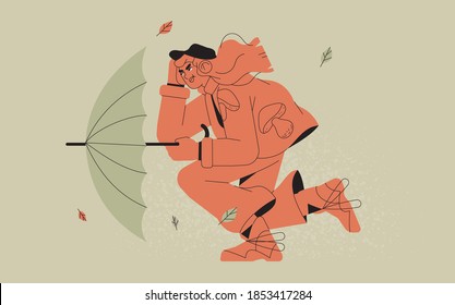 Woman In Cool Coat With Umbrella Fighting With Strong Wind Or Storm. Trendy Vector Illustration Or Print With Female Character Walking Under The Rain. Nasty Weather Forcast Or Report, Gale Warning.