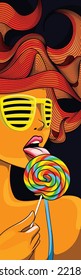 Woman With Cool Sunglasses Licking Colorful Lollipop