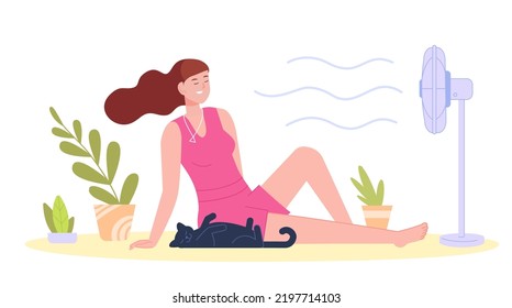 Woman cooling fan. Relaxing girl with pet using electrical fans in heat summer weather of home, fresh air wind on sweat body hot temperature breeze room concept vector illustration of woman fan air