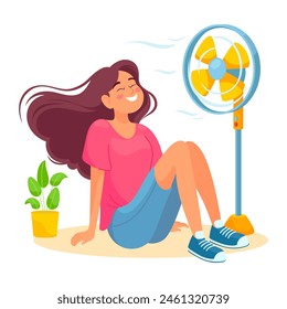 Woman cooling fan. Relaxing sweating girl enjoy cool wind electric ventilator in summer heat day, room propeller air breeze blowing on female person, ingenious vector illustration