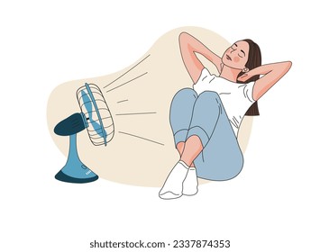 Woman cooling fan. A sweaty girl  sitting in front of a fan during hot summer days and not feeling well because of the terrible heat. Hand drawn vector design illustrations.