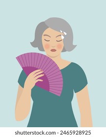 Woman cooling herself with fan, hot flashes, menopause symptoms.