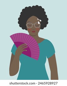 Woman cooling herself with fan, menopause symptoms, hot flashes.