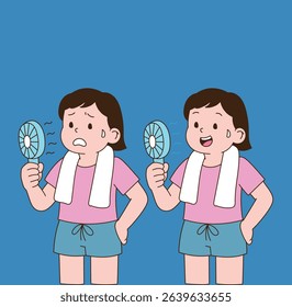 A woman cooling off her sweat with a small fan in her hand. minimal line illustration.