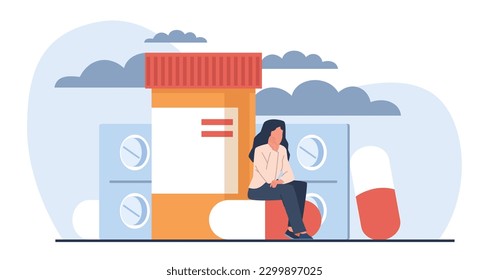 Woman copes with depression with antidepressants and hormones. Medical treatment of psychological problems. Dad woman sitting on huge pill. Cartoon flat style isolated vector concept