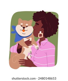 Woman copes with stress. Girl kiss dog. Happy owner with puppy, domestic animal. Awareness and mindfulness, mental health care. Cartoon flat vector illustration isolated on white background