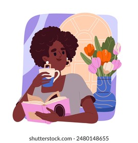 Woman copes with stress. Girl read book with tea. Love for reading and literature. Awareness and mindfulness, mental health care. Cartoon flat vector illustration isolated on white background