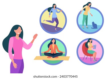 Woman coping with stress vector illustration. Woman doing yoga, jogging, reading book, pet therapy. Stress relief, coping with stress mechanism concept