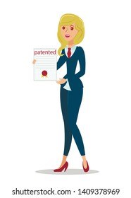 Woman with Copyright Act Flat Vector Illustration. Female Inventor Holding Certificate Cartoon Character. Authorship Protection, Rights Reservation Help. Legal Consulting, Patent Bureau Service