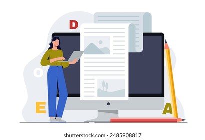 Woman with copywriting. Young girl with laptop typing article. Talented author creates interesting content for websites and social networks. Cartoon vector illustration isolated on white background