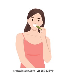 Woman in a coral dress enjoys a fresh cucumber slice, embodying a healthy and refreshing. Flat vector illustration isolated on white background