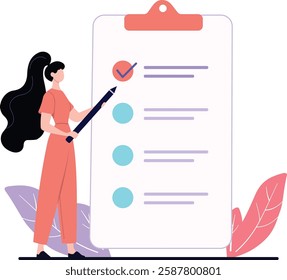 A woman in a coral outfit stands by a large clipboard holding a giant pencil. She checks off tasks, emphasizing efficient work habits and planning. Abstract leaves add a decorative touch.