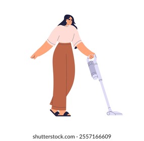 Woman with cordless stick vacuum cleaner for housework. Happy female tidying floor with home domestic tool, housekeeping electric appliance. Flat vector illustration isolated on white background