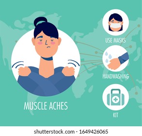 woman with coronavirus symptoms and prevention habits vector illustration