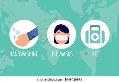 woman with coronavirus symptoms and prevention habits vector illustration