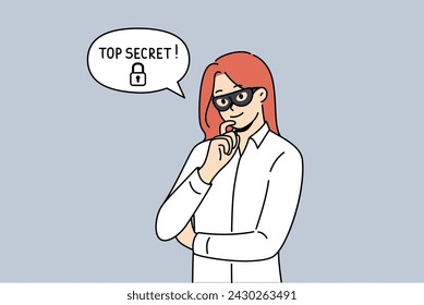 Woman corporate spy with mask on face is thinking about how to steal sensitive information with top secret status. Corporate spy girl infiltrated company to find out commercial data.