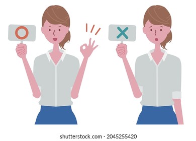 A woman with a correct or incorrect answer (○ ×) sign