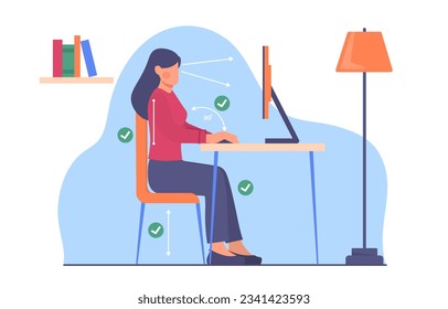 Mujer con el concepto de postura correcta. Muchacha cerca de la computadora. Material docente e infografía médica. Atención de la salud de los trabajadores. Trabajo ergonómico de oficina. Dibujo vectorial plano de dibujos animados