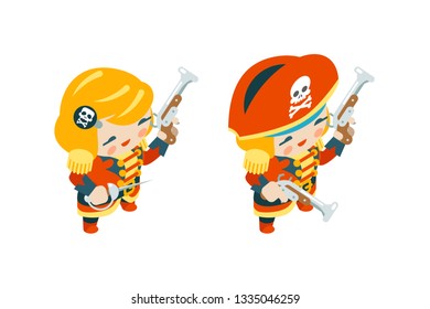 Woman corsair pirate ship capitan girl buccaneer filibuster female sea dog sailor fantasy treasure RPG game isometric character flat design vector illustration