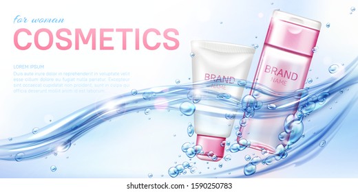 Woman cosmetic beauty product shampoo conditioner in water flow realistic vector poster. Pink white cream tube, micellar water lotion bottle for female cosmetics float in sparkling water with bubbles