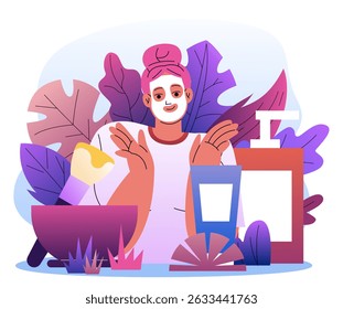 Woman with cosmetic face mask. Young girl near cosmetic products. Skin care and beauty procedures. Lotions, creams and moisturizers. Cosmetology and dermatology. Flat vector illustration