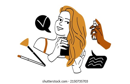 Woman with cosmetic. Girl wears lotion or spray bottle on her hair. Beauty, health and hygiene. Tools for applying cosmetics, advertising poster or banner for website. Cartoon flat vector illustration