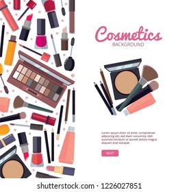 Woman cosmetic magazine cover. Brochure template Makeup beauty accessories bronzer liquid lipstick nail polish mascara makeup pencil eyelashes powder brushes foundation vector