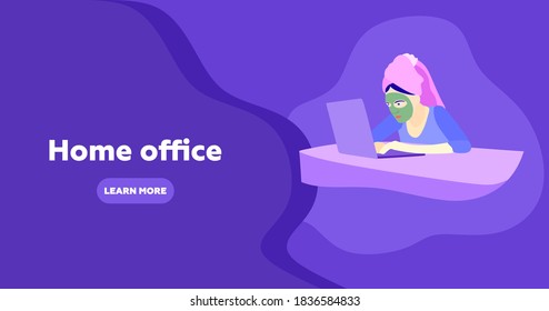 Woman in cosmetic mask works from home office. Character Sitting at Desk in Room, Looking at Computer Screen and Talking with Colleagues Online. Home Office Concept. Flat Vector Illustration. 