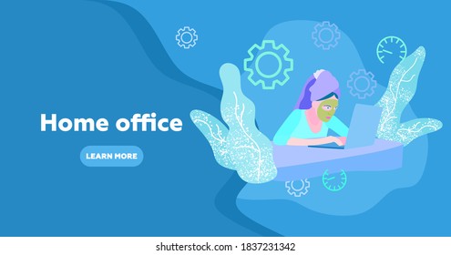 Woman in cosmetic mask works from home office. Character Sitting at Desk in Room, Looking at Computer Screen and Talking with Colleagues Online. Home Office Concept. Flat Vector Illustration.