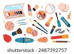 Woman cosmetic products. Beauty set of cosmetics, vector icon set. Mascara, lipstick, eye shadows, brush, concealer, lip gloss, sponge. Trendy hand drawing doodle style. All elements are isolated.