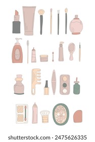 Woman cosmetic products. Beauty set of cosmetics. Mascara, lipstick, eye shadows, brush, concealer, lip gloss, sponge. Trendy hand drawing doodle style. Isolated white background. clipart. Vector