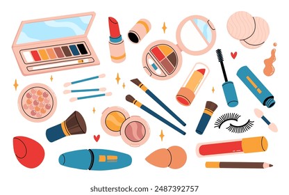 Woman cosmetic products. Beauty set of cosmetics, vector icon set. Mascara, lipstick, eye shadows, brush, concealer, lip gloss, sponge. Trendy hand drawing doodle style. All elements are isolated.