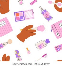 Woman cosmetic products seamless pattern. Background with different cosmetic and skincare products. Trendy hand drawing flat style.