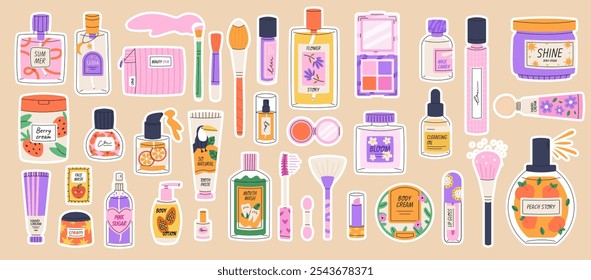 Woman cosmetic products sticker set. Skin care routine. Decorative and care cosmetics. Makeup products. Flat vector illustration isolated on white background.