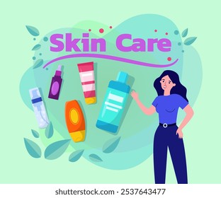 Woman and cosmetic products vector illustration. Bottles, tubes with cream, serum. Beauty products lineup, skincare regimen concept