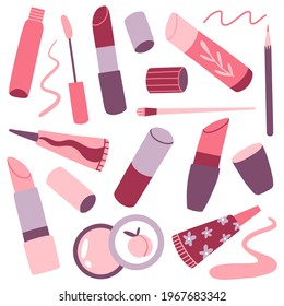 Woman cosmetic set. Beauty products: lip gloss, lipstick, balm, cream, pencil. Makeup products, tools. Vector collection. Hand drawn design elements for fashion prints. Female illustration 