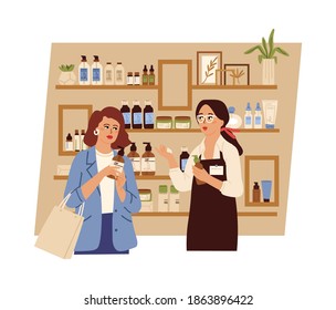 Woman in cosmetic shop. Beauty product, girl choose shampoo or nature cream. Store of organic eco korean face care swanky vector concept
