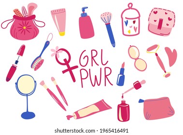 Woman cosmetics set. Different cosmetics for skin care. Beauty and care related symbols. Natural cosmetic, spa and self-care doodle design elements. Vector illustration for websites, magazines, apps.