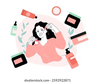 Woman with cosmetics. Young girl near mascara, creams and lotions. Beauty treatments. Aesthetics and elegance. Moisturizer and eyeshadow, eyeliner. Linear vector illustration