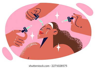Woman at cosmetologist appointment during anti-aging therapy to moisturize skin and get rid of wrinkles. Hands of beautician near face of carefree girl visiting spa salon for skincare 