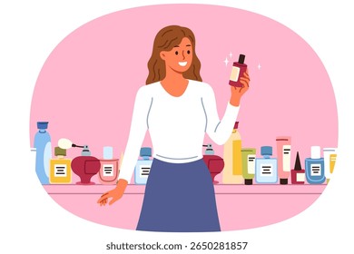 A mulher cosmetologista escolhe o melhor perfume ou loção para remover rugas, de pé perto da prateleira com grande variedade de cosméticos. Garota cosmetologist com sorriso demonstra novo gel de cuidado da pele