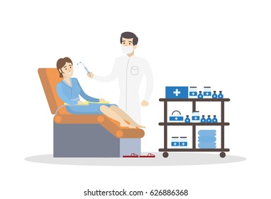 Woman at cosmetologist. Male beauty doctor with patient and injection on white background.