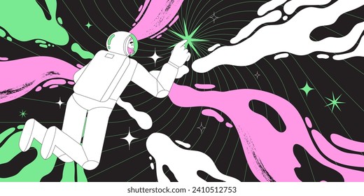 Woman cosmonaut flying in space vector flat illustration. Female astronaut floating during exploration. Concept of new user experience, new horizons and discoveries, new worlds and celestial bodies.