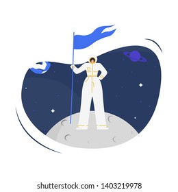 Woman Cosmonaut on Moon Flat Vector Illustration. Young Female Spacewoman Holding Flag Cartoon Character. Girl Power, Brave Lady in Spacesuit. Interstellar Travel, Space Program. Astronaut Profession