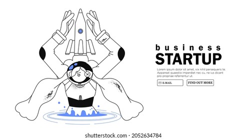 Woman cosmonaut in space suit hold spaceship or shuttle. Female character on space mission in  outer space emerging from portal. Creative concept of business startup, exploration banner, web page, ui.