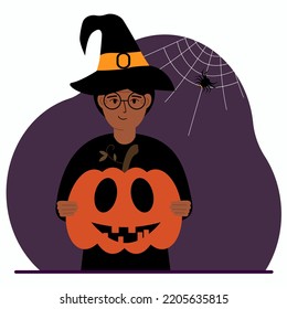 A woman in a costume for the celebration of halloween. Poster for Happy Halloween celebration. Vector flat illustration