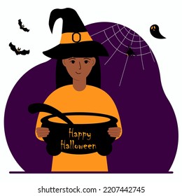 A woman in a costume for the celebration of halloween. Poster for Happy Halloween celebration. Vector flat illustration