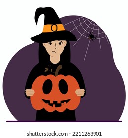 A woman in a costume for the celebration of halloween. Poster for Happy Halloween celebration. Vector flat illustration